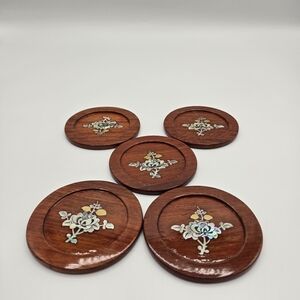 Vintage MCM Lacquered Rosewood Floral Abalone Shell Inlay Set Of 5 Coasters